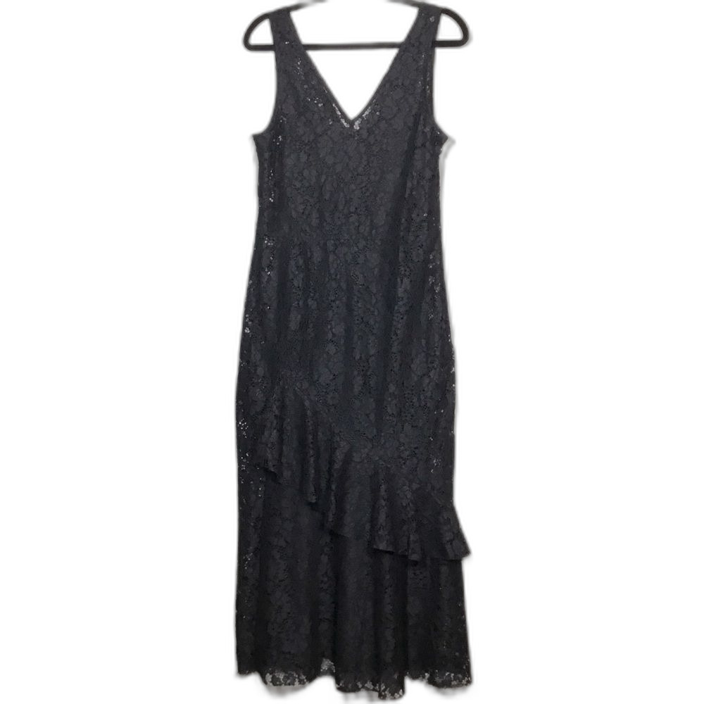 Formal black lace sleeveless dress with dress lining asymmetrical ruffle size M